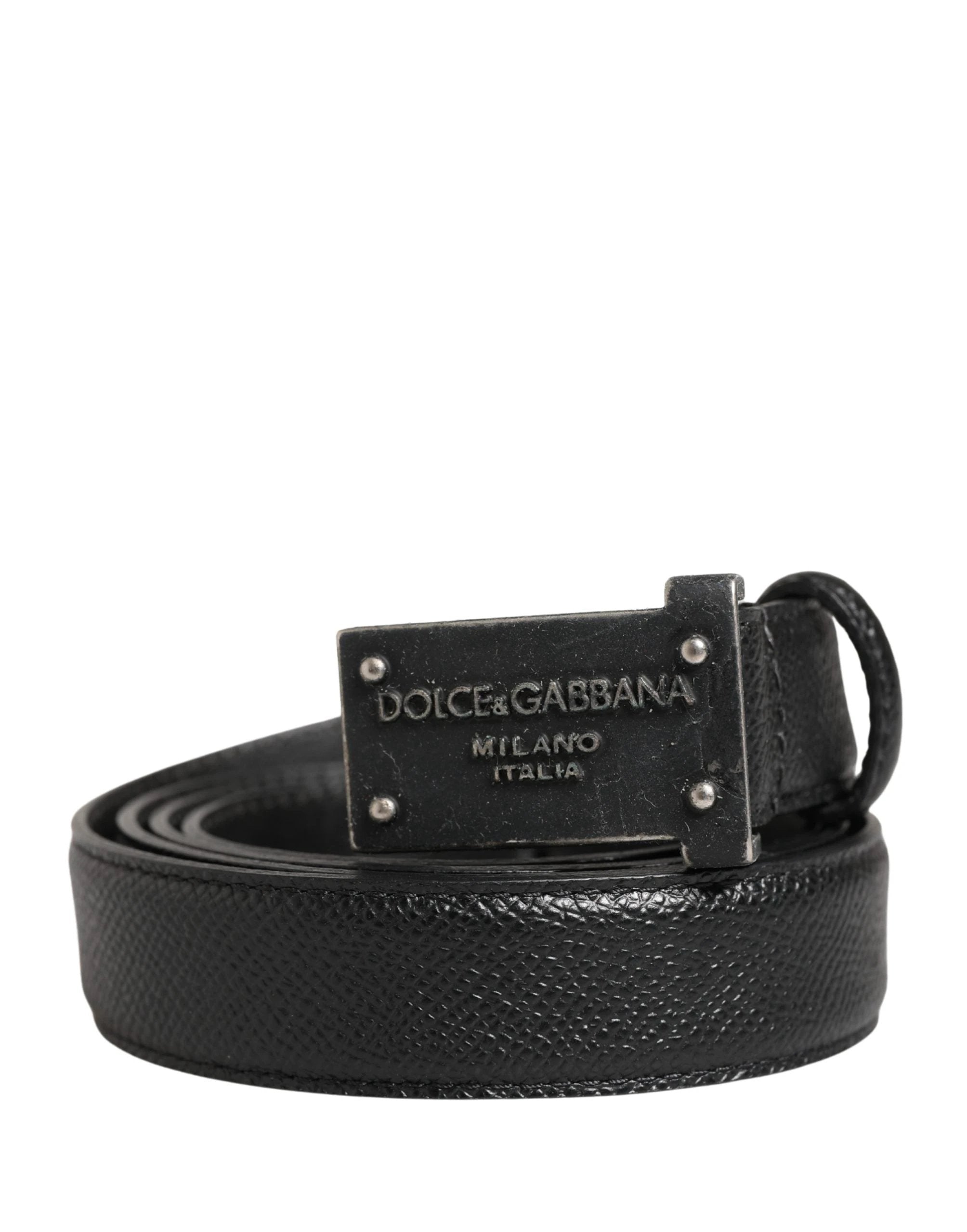 Dolce & Gabbana Men Black Calf Leather Logo Metal Buckle Belt