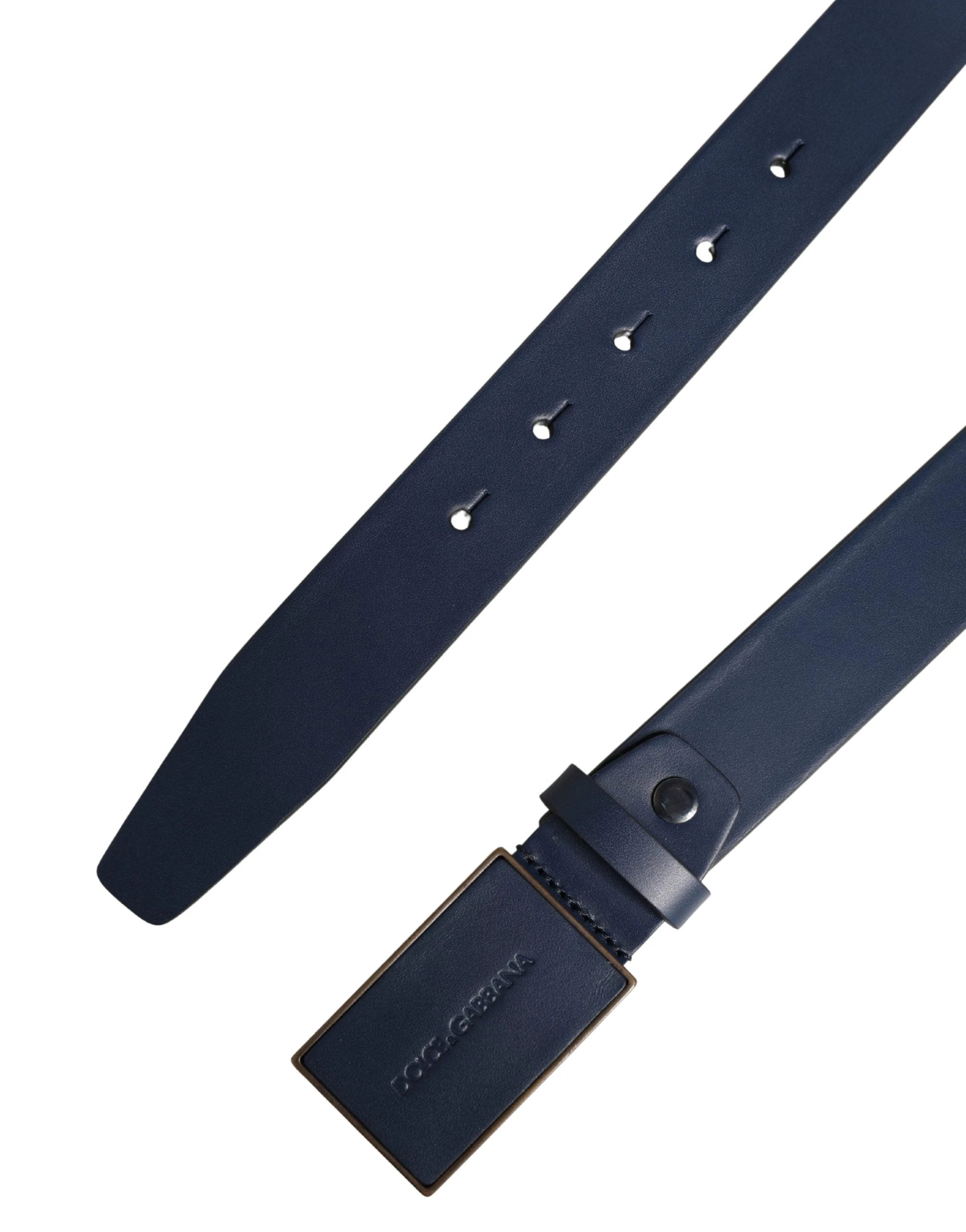 Ceinture Dolce &amp; Gabbana pour homme en cuir de veau bleu avec logo et boucle métallique