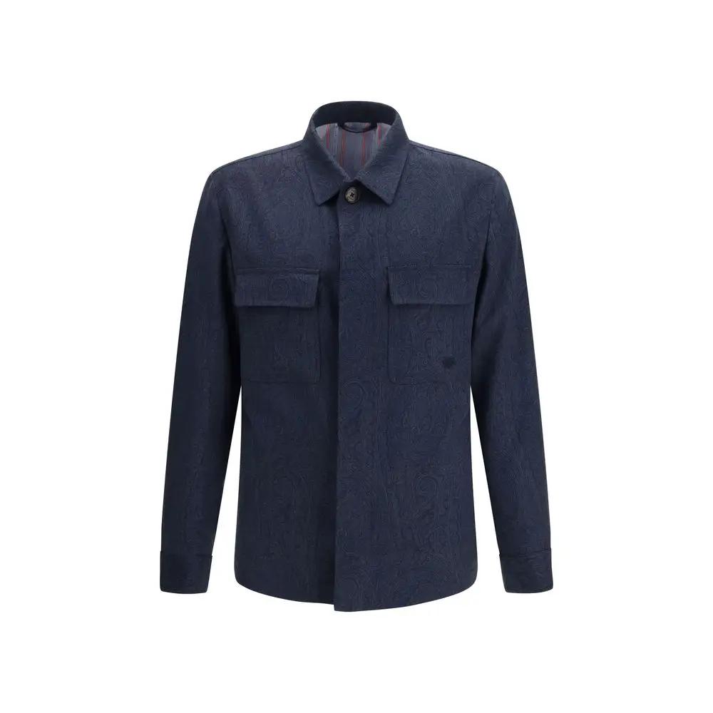 Men’s Blue Wool Shacket – Etro Paisley Wool Overshirt SS26