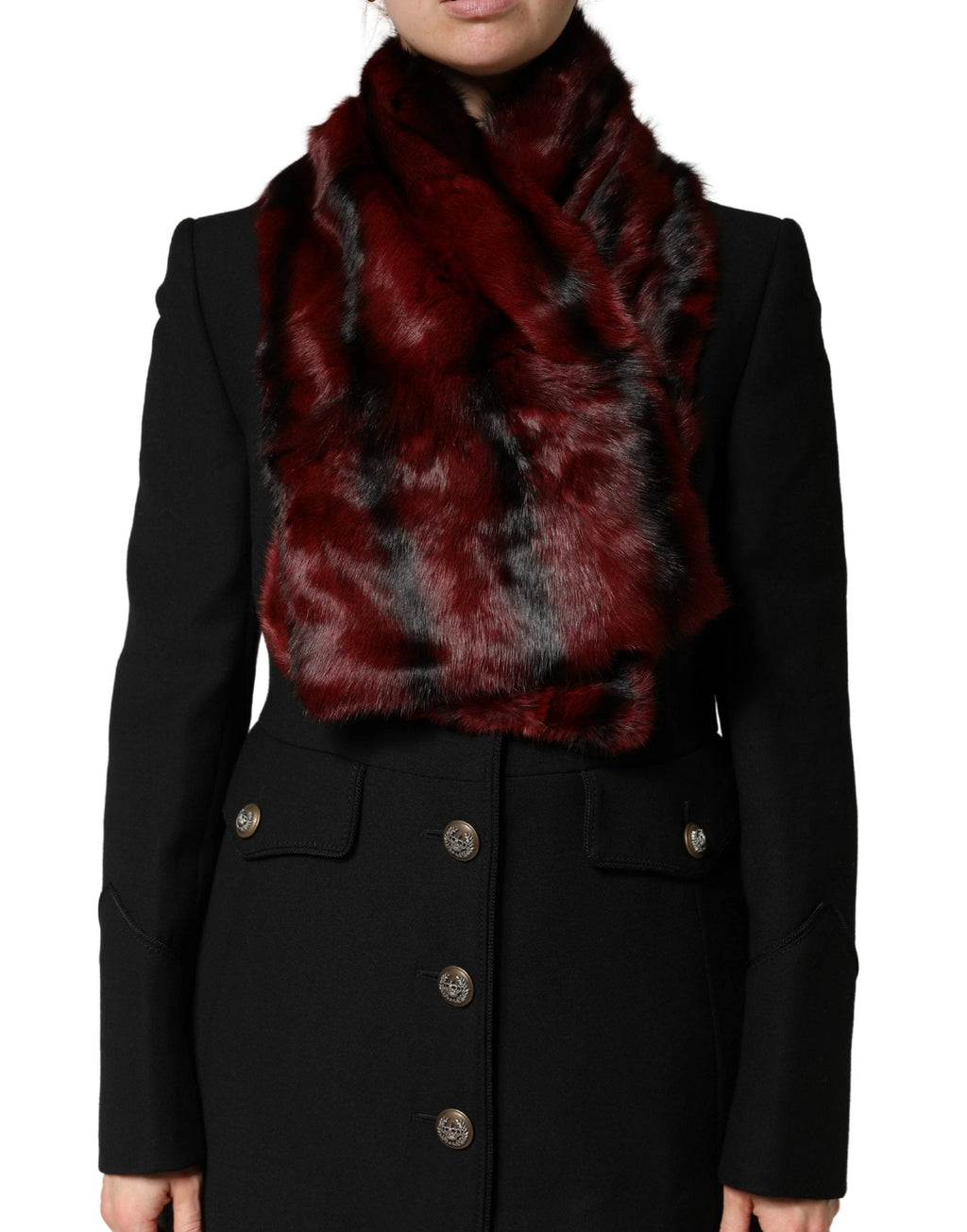 Dolce &amp; Gabbana Châle en fourrure à rayures noires et rouges, écharpe tour de cou