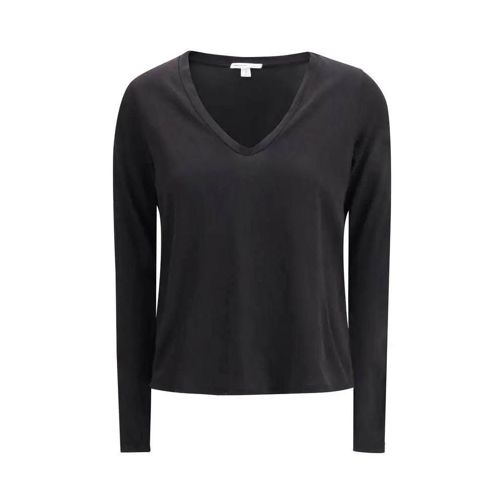 Women’s Black Long Sleeve T-Shirt – James Perse Deep V-Neck Cotton Tee SS26