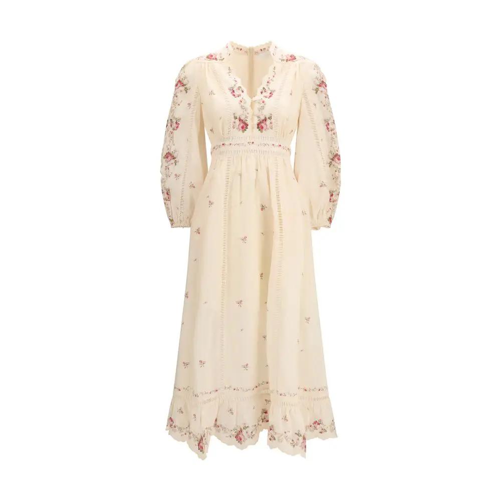 Women’s Linen Midi Dress – Zimmermann Patience Plunging Embroidered Dress SS26