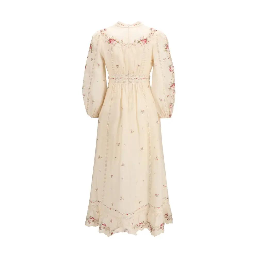 Women’s Linen Midi Dress – Zimmermann Patience Plunging Embroidered Dress SS26