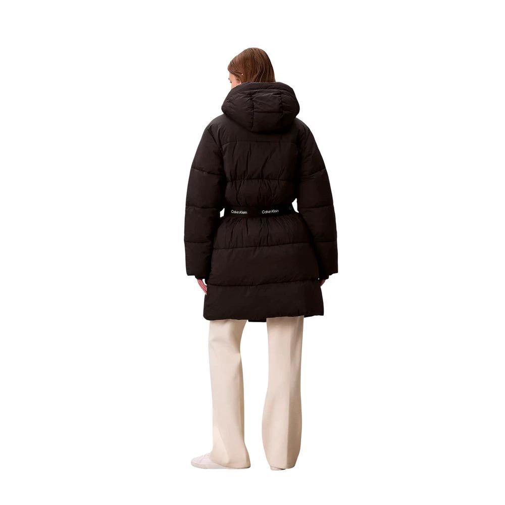 Women’s Black Puffer Coat – Calvin Klein Belted Midweight Hooded Jacket