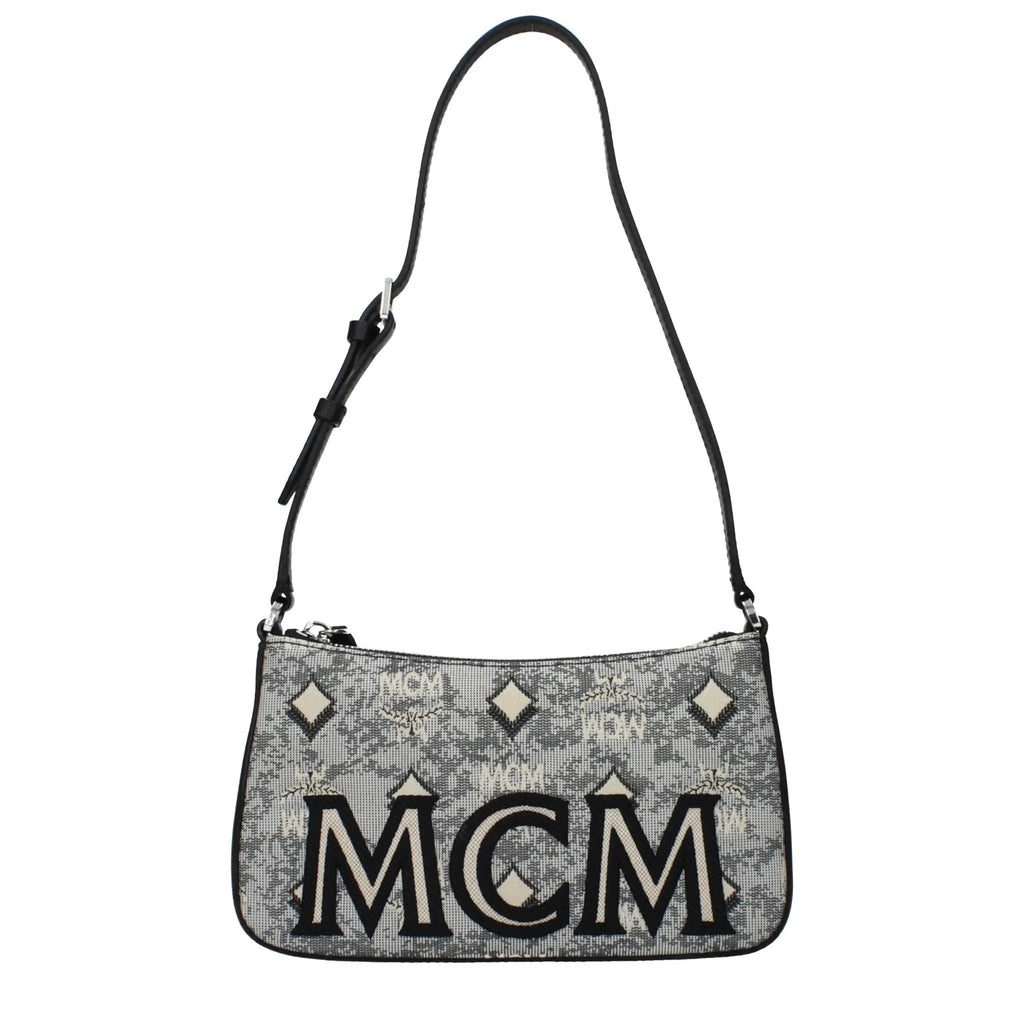 Women’s Grey Fabric Crossbody Bag – MCM Logo Adjustable Shoulder Bag
