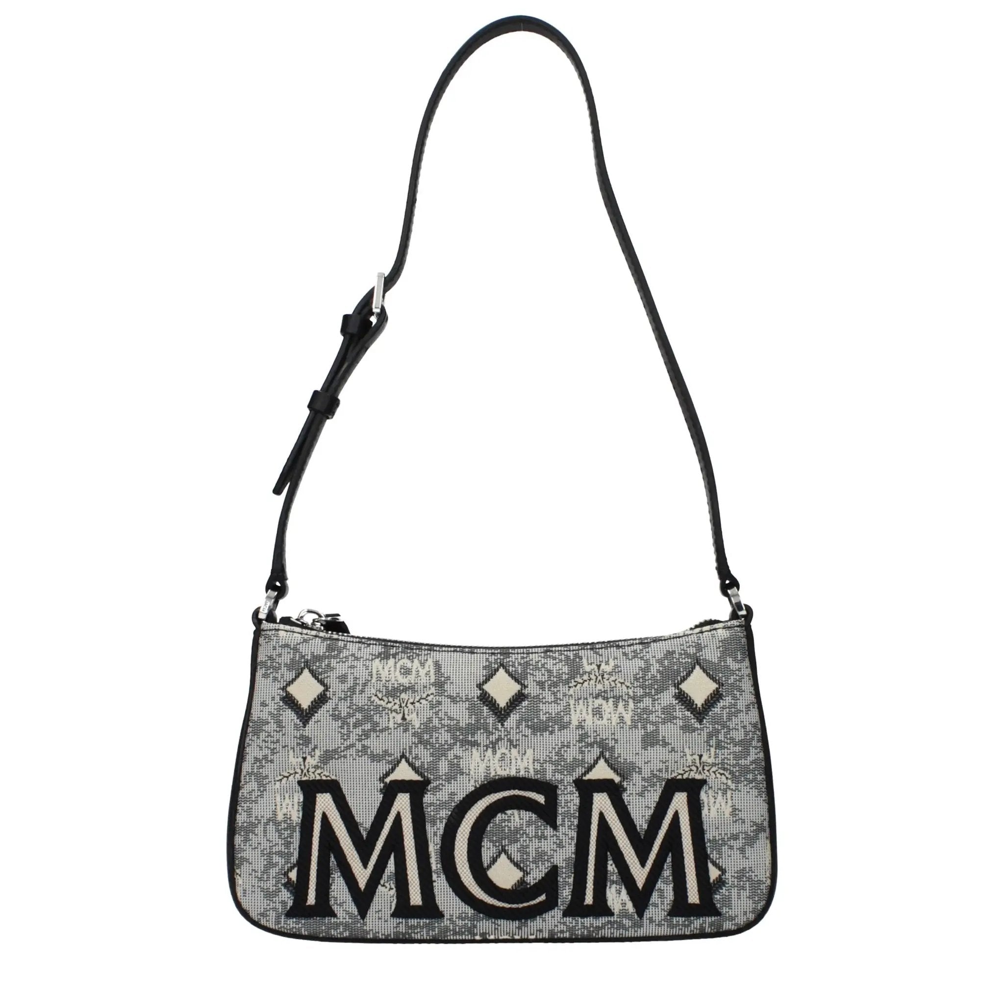 Women’s Grey Fabric Crossbody Bag – MCM Logo Adjustable Shoulder Bag