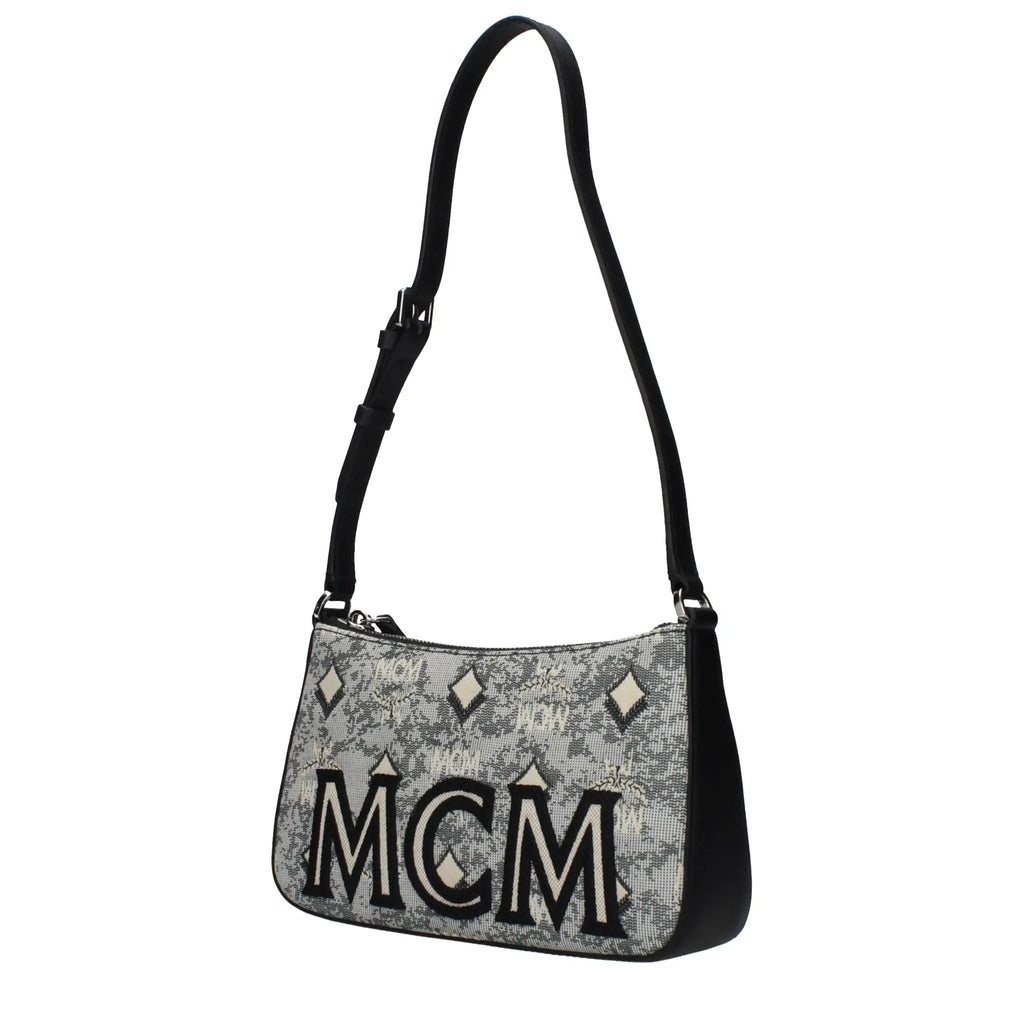 Women’s Grey Fabric Crossbody Bag – MCM Logo Adjustable Shoulder Bag