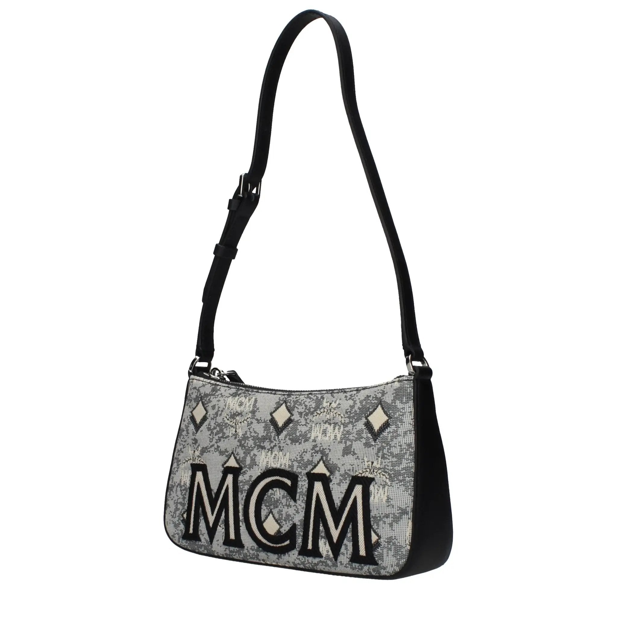 Women’s Grey Fabric Crossbody Bag – MCM Logo Adjustable Shoulder Bag
