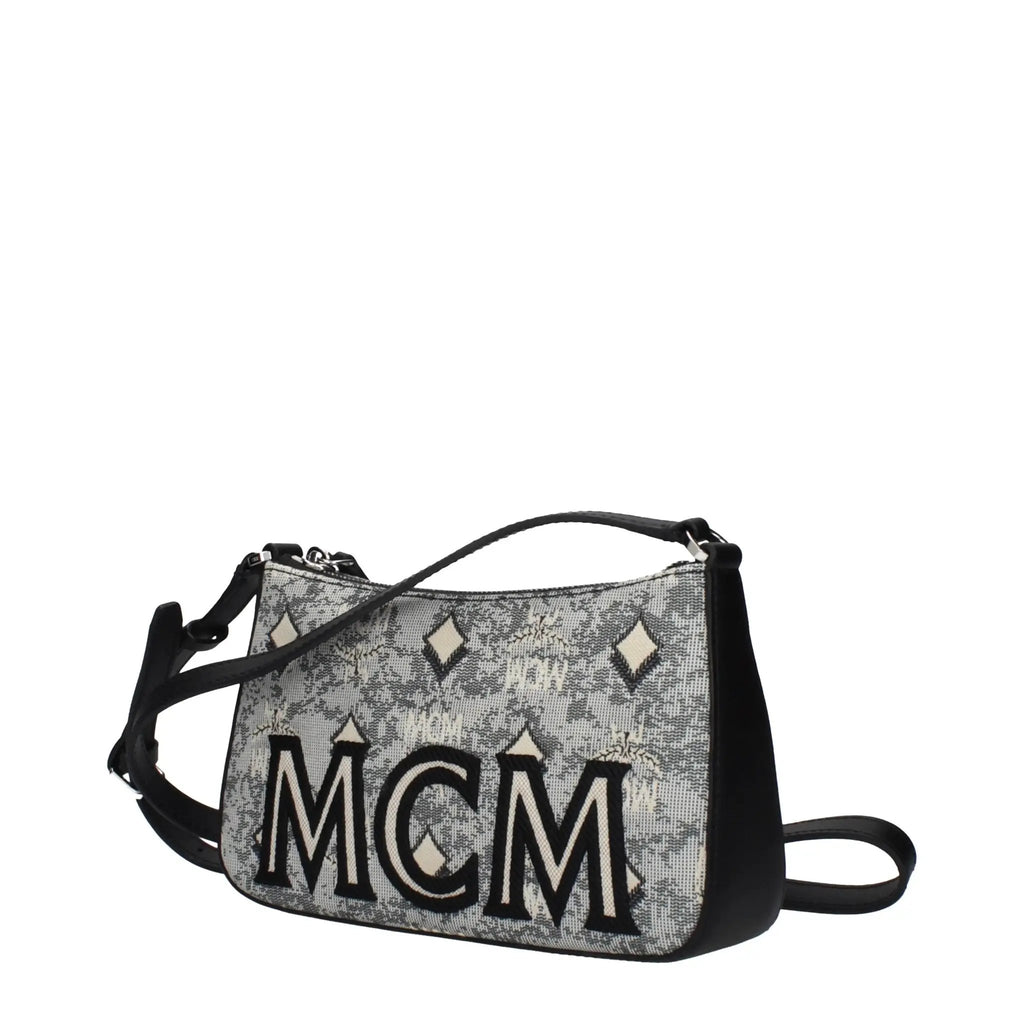 Women’s Grey Fabric Crossbody Bag – MCM Logo Adjustable Shoulder Bag