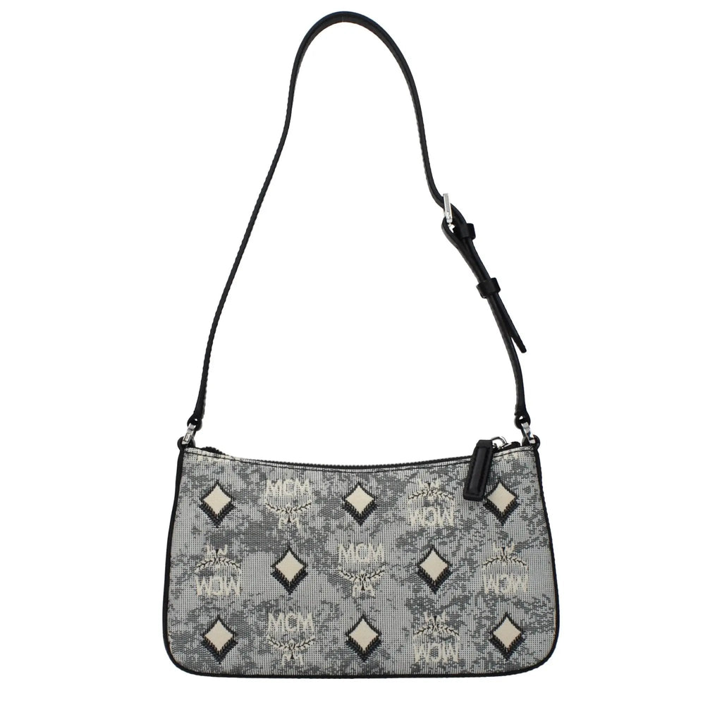 Women’s Grey Fabric Crossbody Bag – MCM Logo Adjustable Shoulder Bag