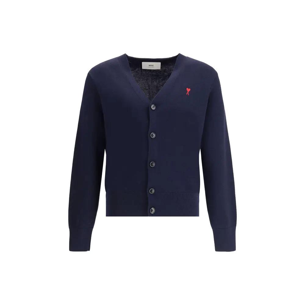Men’s Blue Wool Cardigan – Ami Paris Ami de Cœur Logo Knit SS26