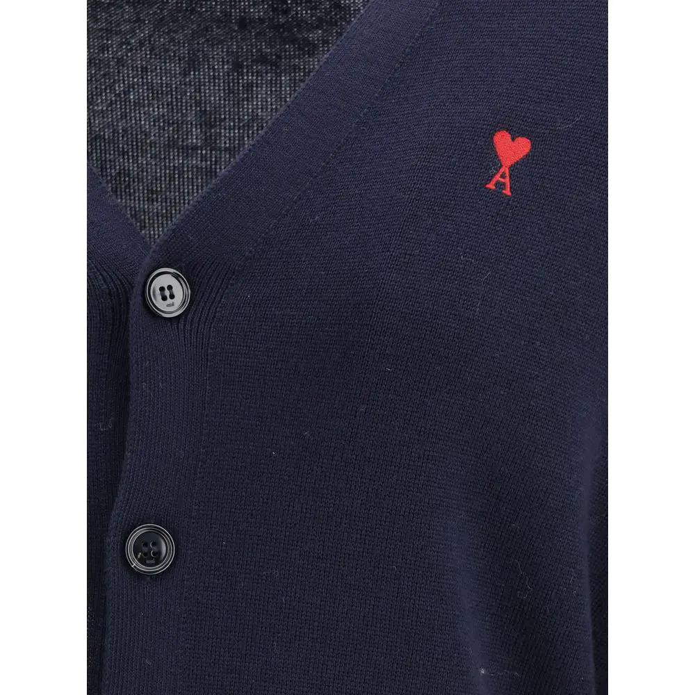 Men’s Blue Wool Cardigan – Ami Paris Ami de Cœur Logo Knit SS26