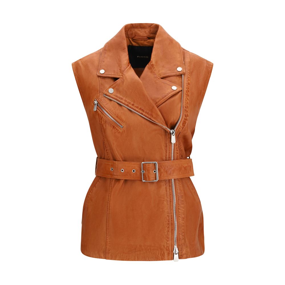 PINKO Brown Goatskin Sleveless Jacket