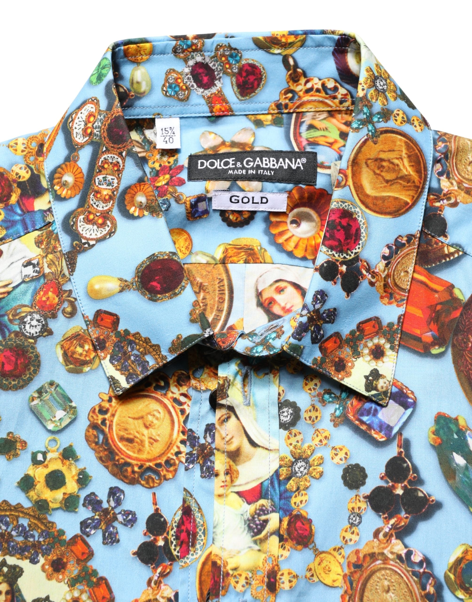 Dolce & Gabbana Blue Cotton Jewel Print Button Down GOLD Shirt