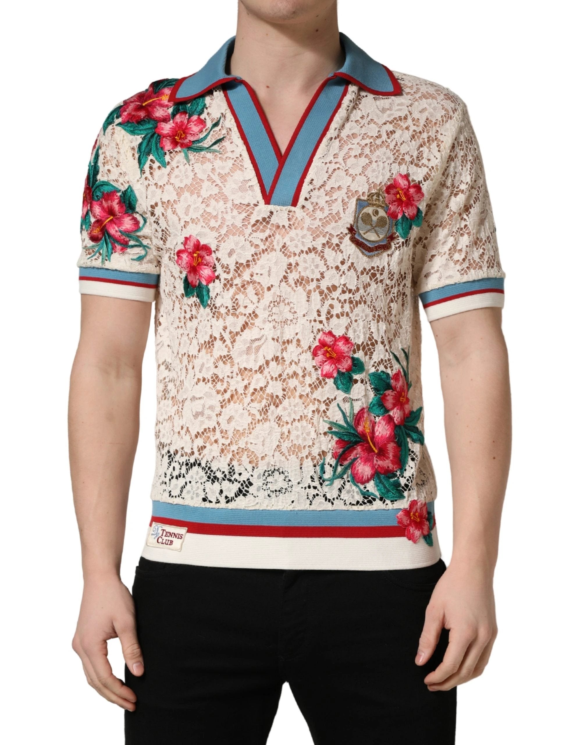 Polo Dolce & Gabbana beige à fleurs et dentelle, style club de tennis