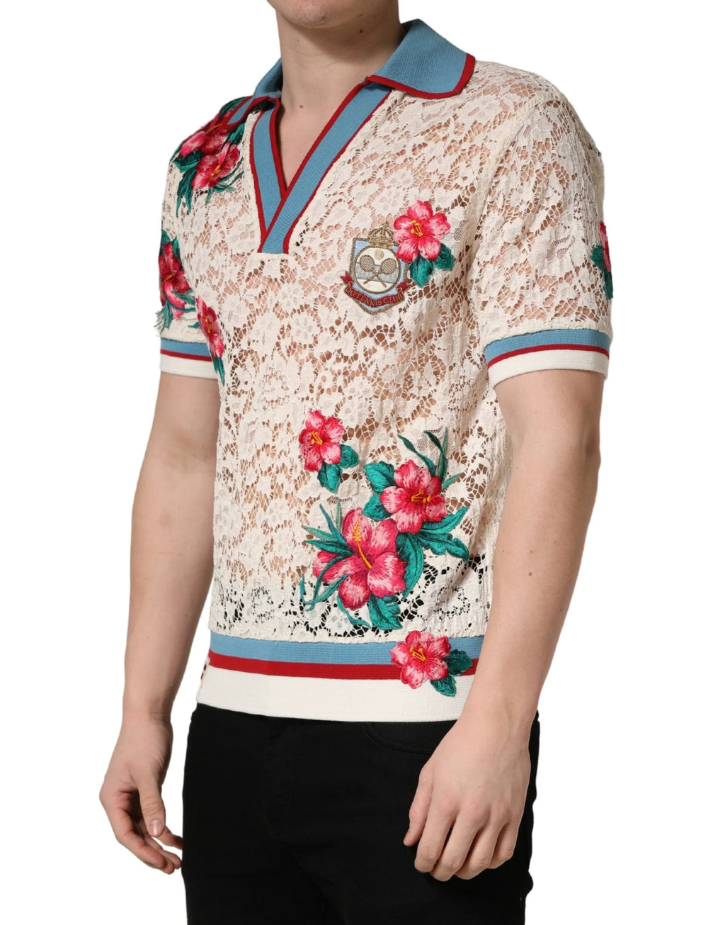Polo Dolce & Gabbana beige à fleurs et dentelle, style club de tennis