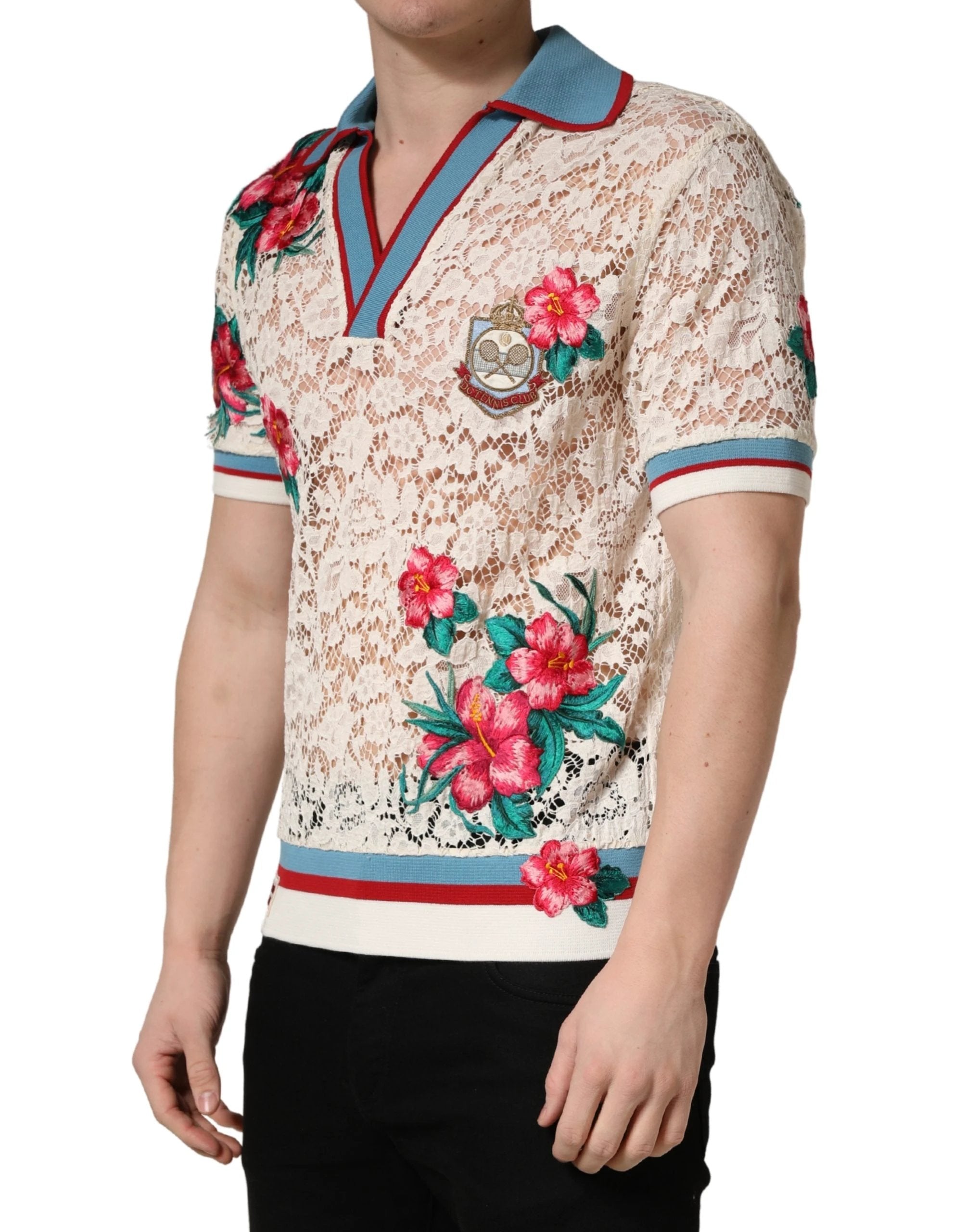 Polo Dolce & Gabbana beige à fleurs et dentelle, style club de tennis