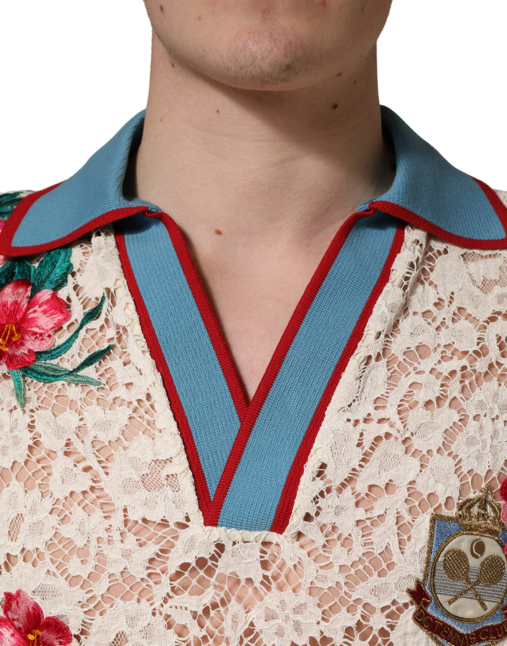 Polo Dolce & Gabbana beige à fleurs et dentelle, style club de tennis