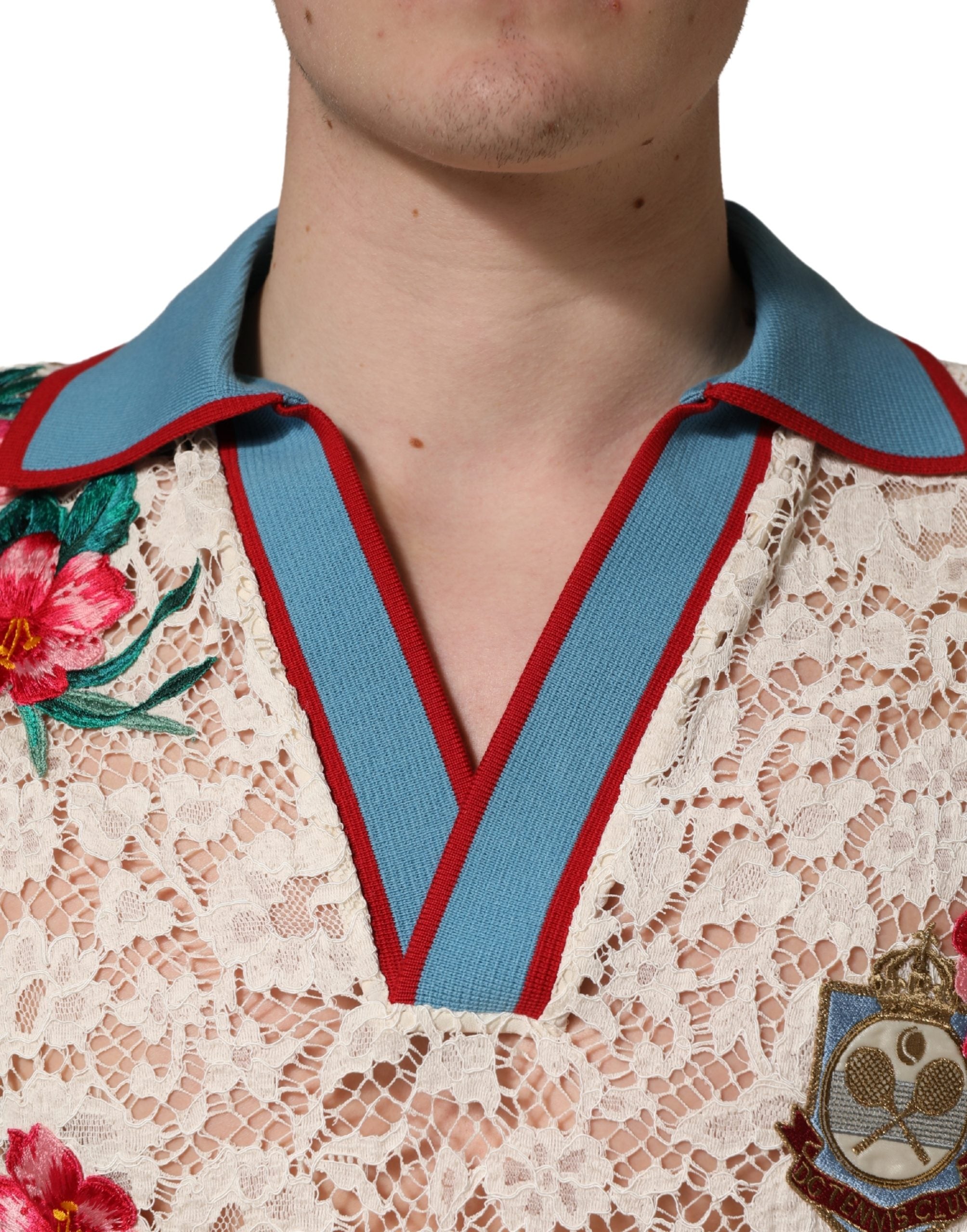 Polo Dolce & Gabbana beige à fleurs et dentelle, style club de tennis