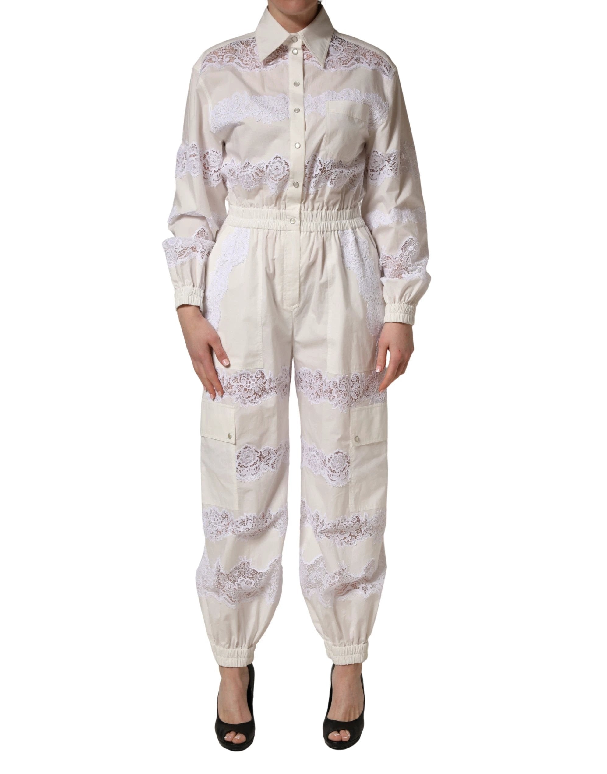 Combinaison Dolce & Gabbana blanche en coton avec bordure en dentelle et manches longues