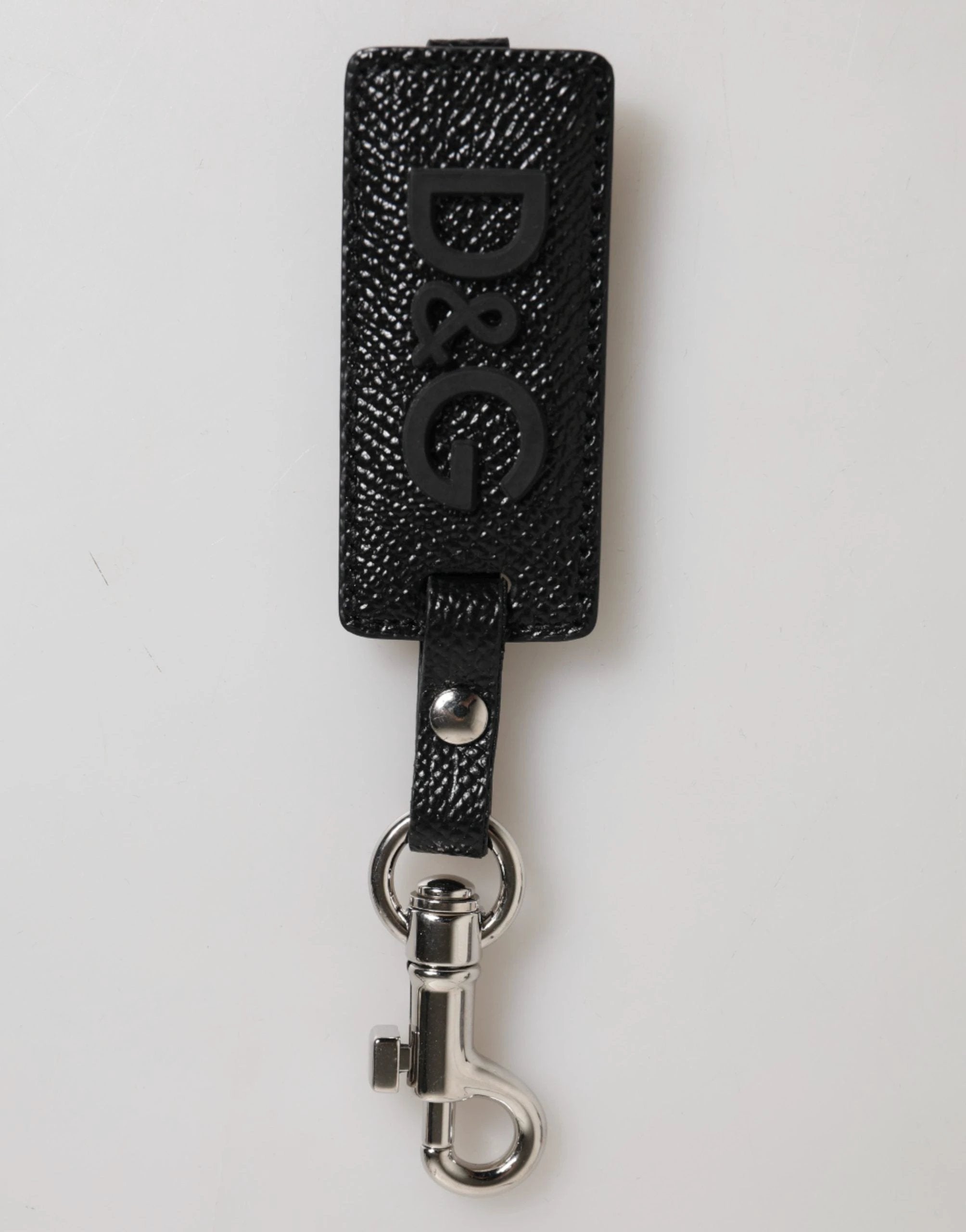 Porte-clés homme Dolce & Gabbana en cuir noir avec logo DG et métal argenté