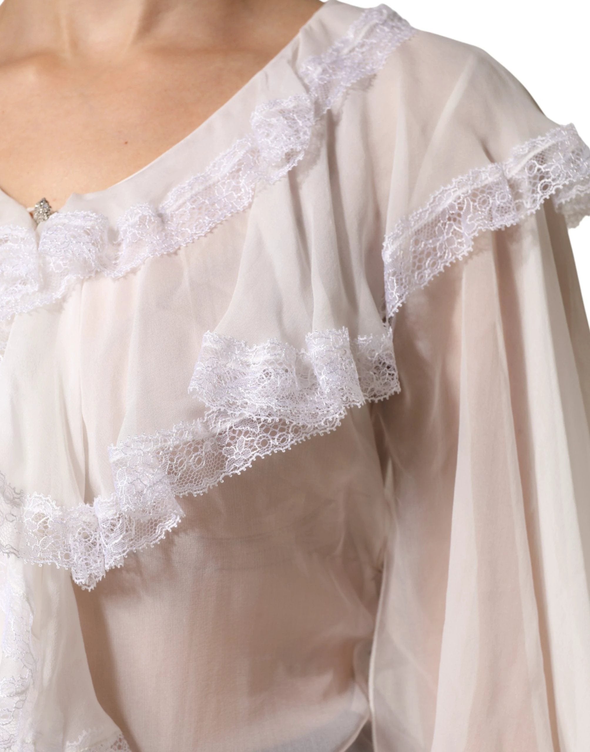 Dolce & Gabbana White LongSleeve Lace Trim Ruffled Blouse Top