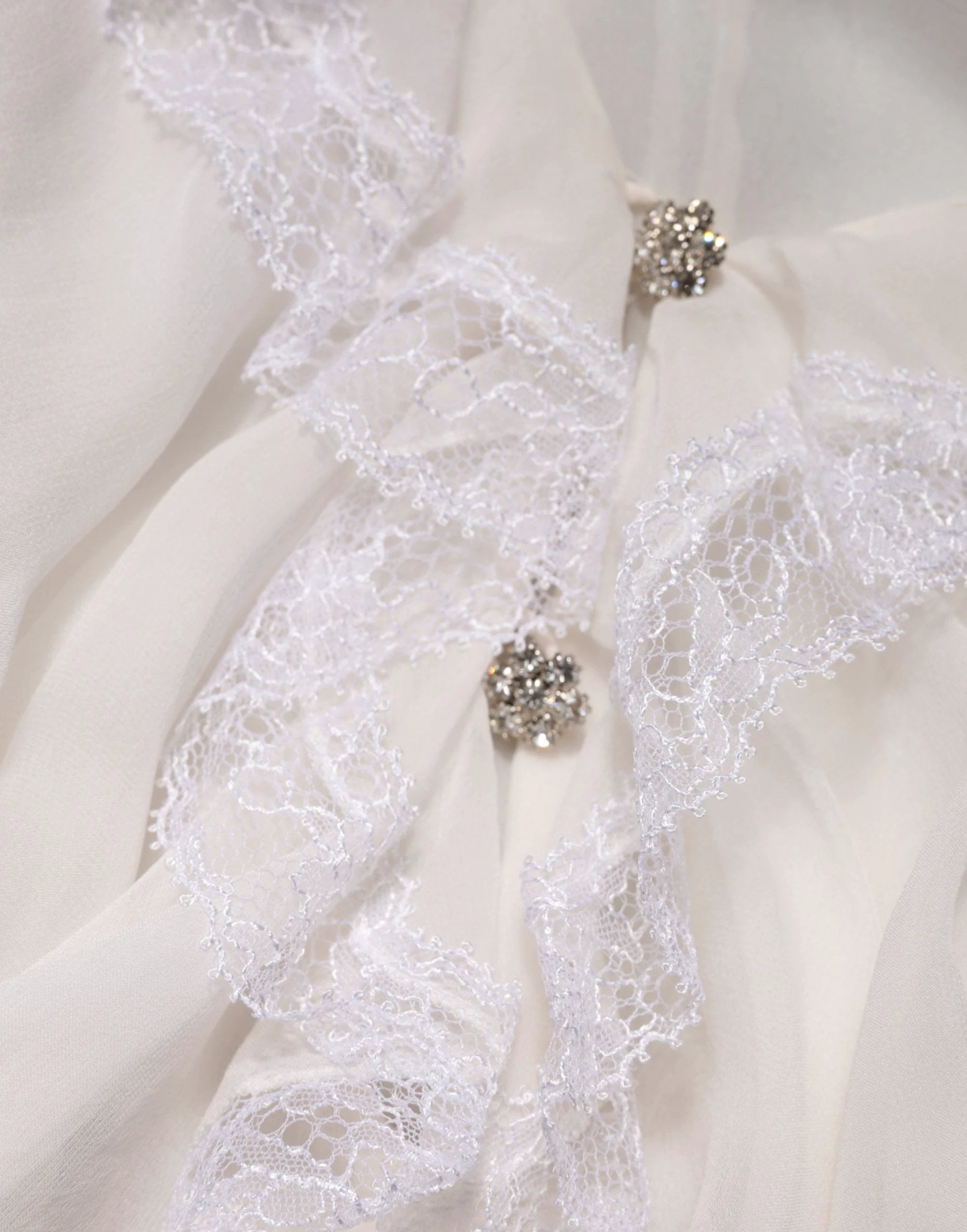 Dolce & Gabbana White LongSleeve Lace Trim Ruffled Blouse Top