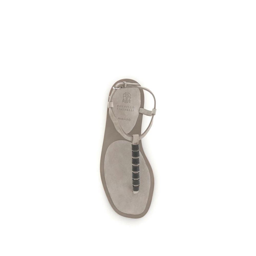 Brunello Cucinelli Beige Calf Leather Bos Taurus Flat Sandals