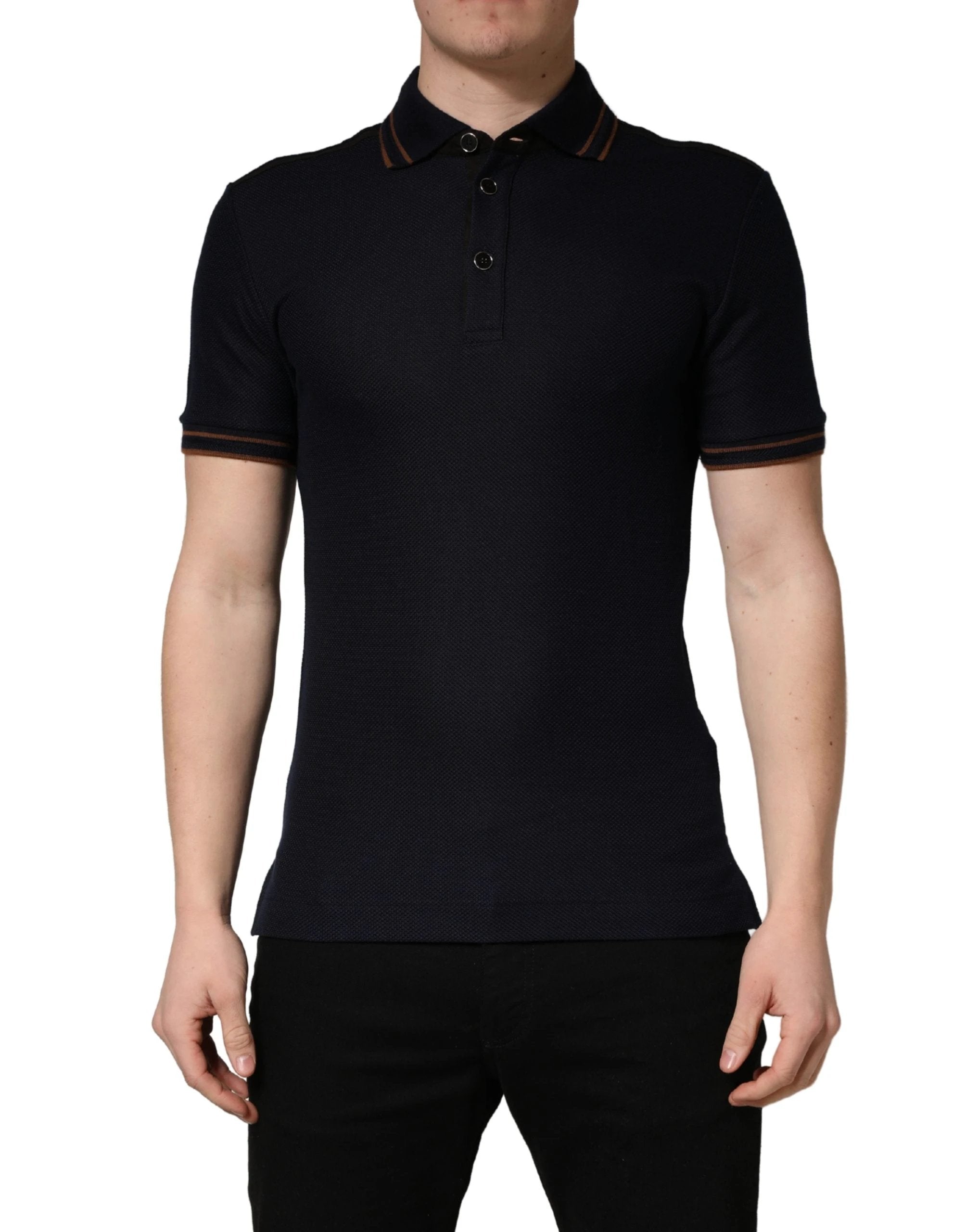 Polo Dolce & Gabbana en soie bleu foncé à manches courtes pour homme