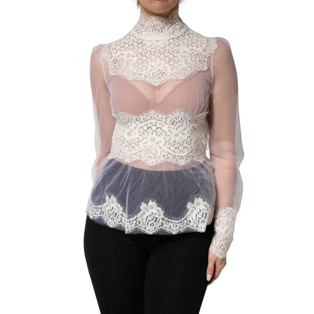 Top blanc Dolce & Gabbana en nylon et tulle transparent à manches longues avec de la dentelle