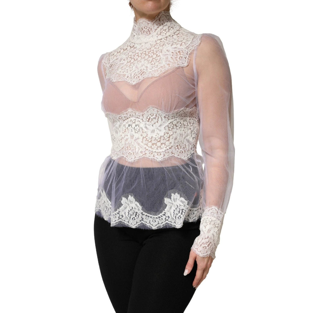 Top blanc Dolce & Gabbana en nylon et tulle transparent à manches longues avec de la dentelle