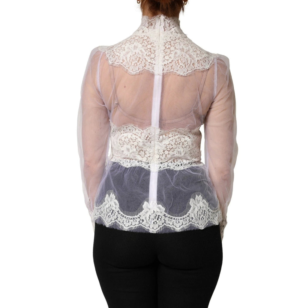 Top blanc Dolce & Gabbana en nylon et tulle transparent à manches longues avec de la dentelle