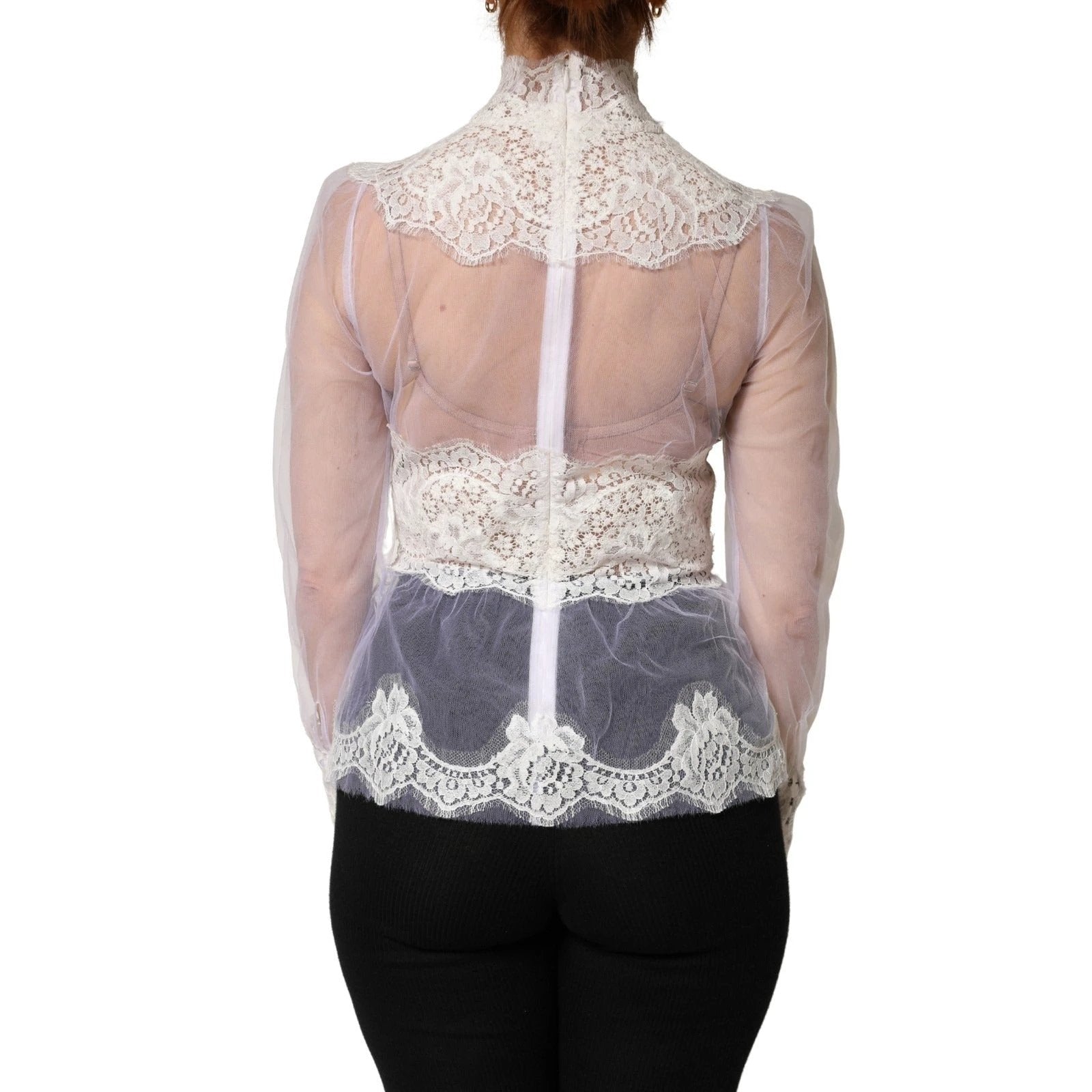 Top blanc Dolce & Gabbana en nylon et tulle transparent à manches longues avec de la dentelle