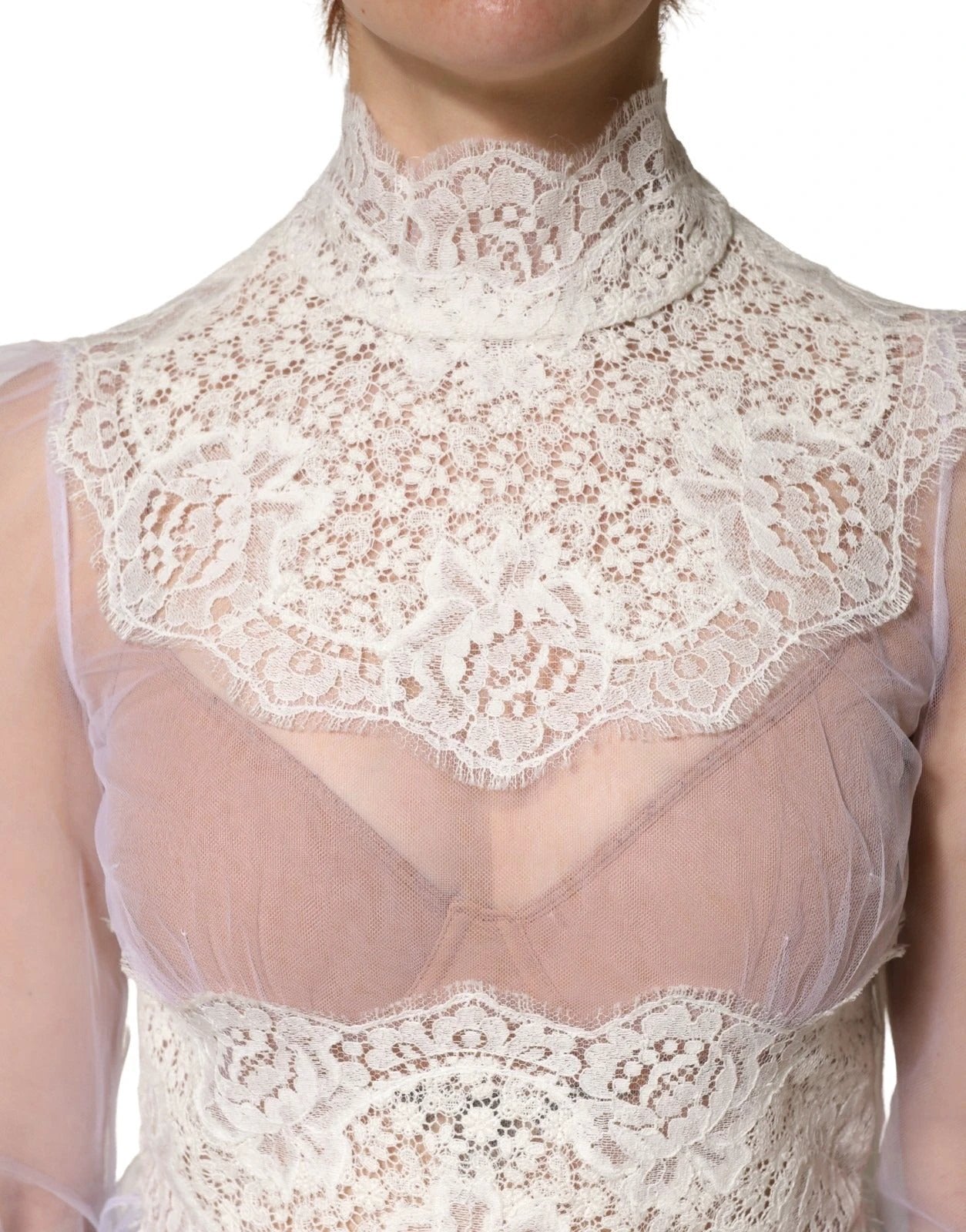 Top blanc Dolce & Gabbana en nylon et tulle transparent à manches longues avec de la dentelle