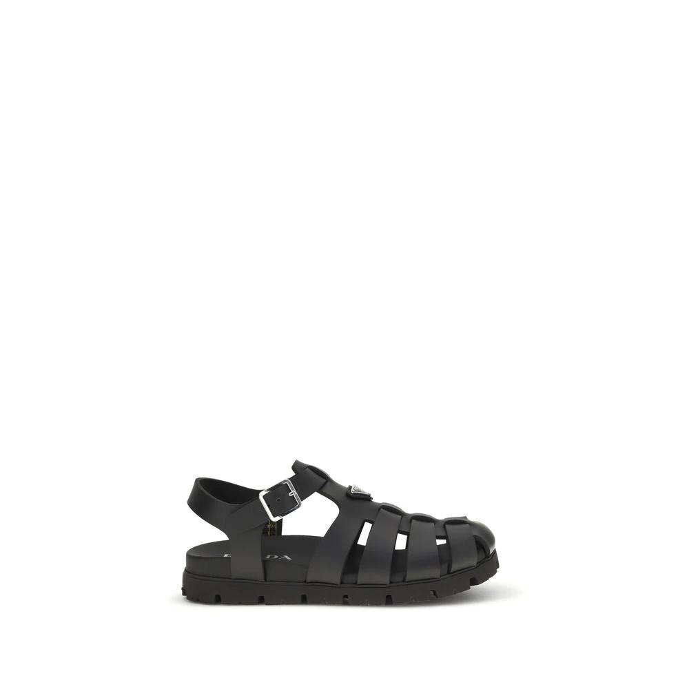 Prada Black Calf Leather Bos Taurus Flat Sandals