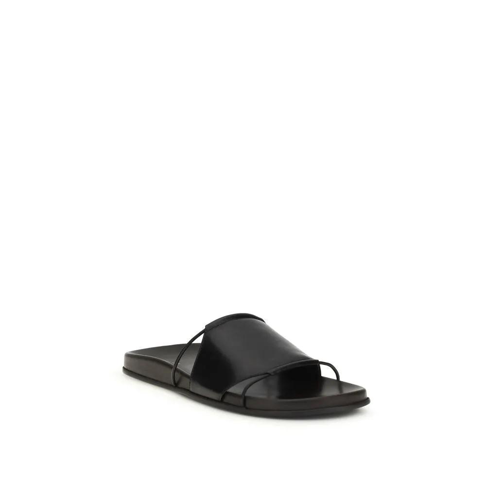 The Row Black Calf Leather Bos Taurus Flat Sandals