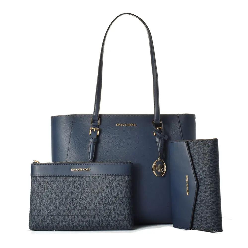 Women’s Blue Leather Tote Bag – Michael Kors Designer Everyday Handbag