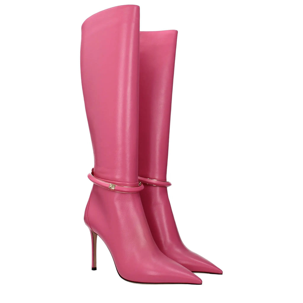 Bottes à talons hauts en cuir rose pour femmes – Bottes Jimmy Choo Dreece 95 effet vintage