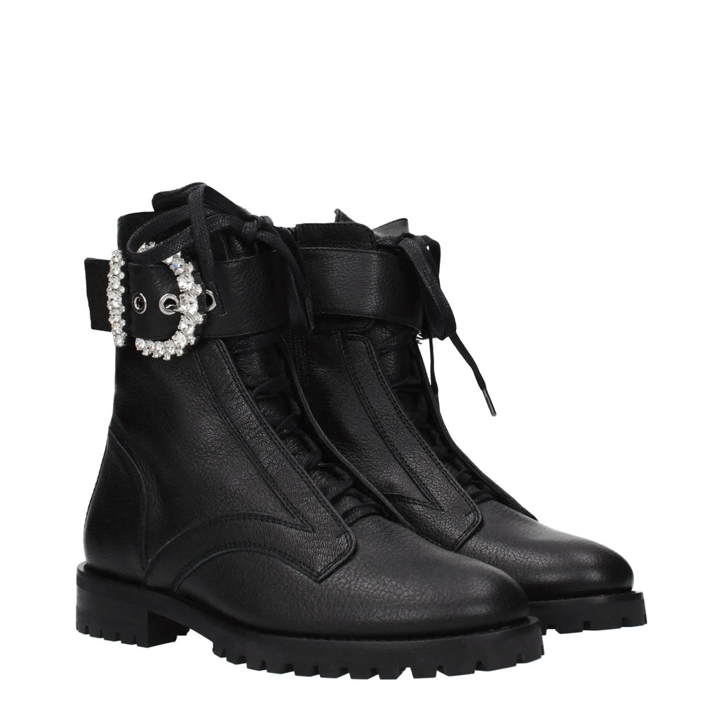 Women’s Black Leather Combat Boots – Jimmy Choo Cheri Flat Designer Ankle Boots