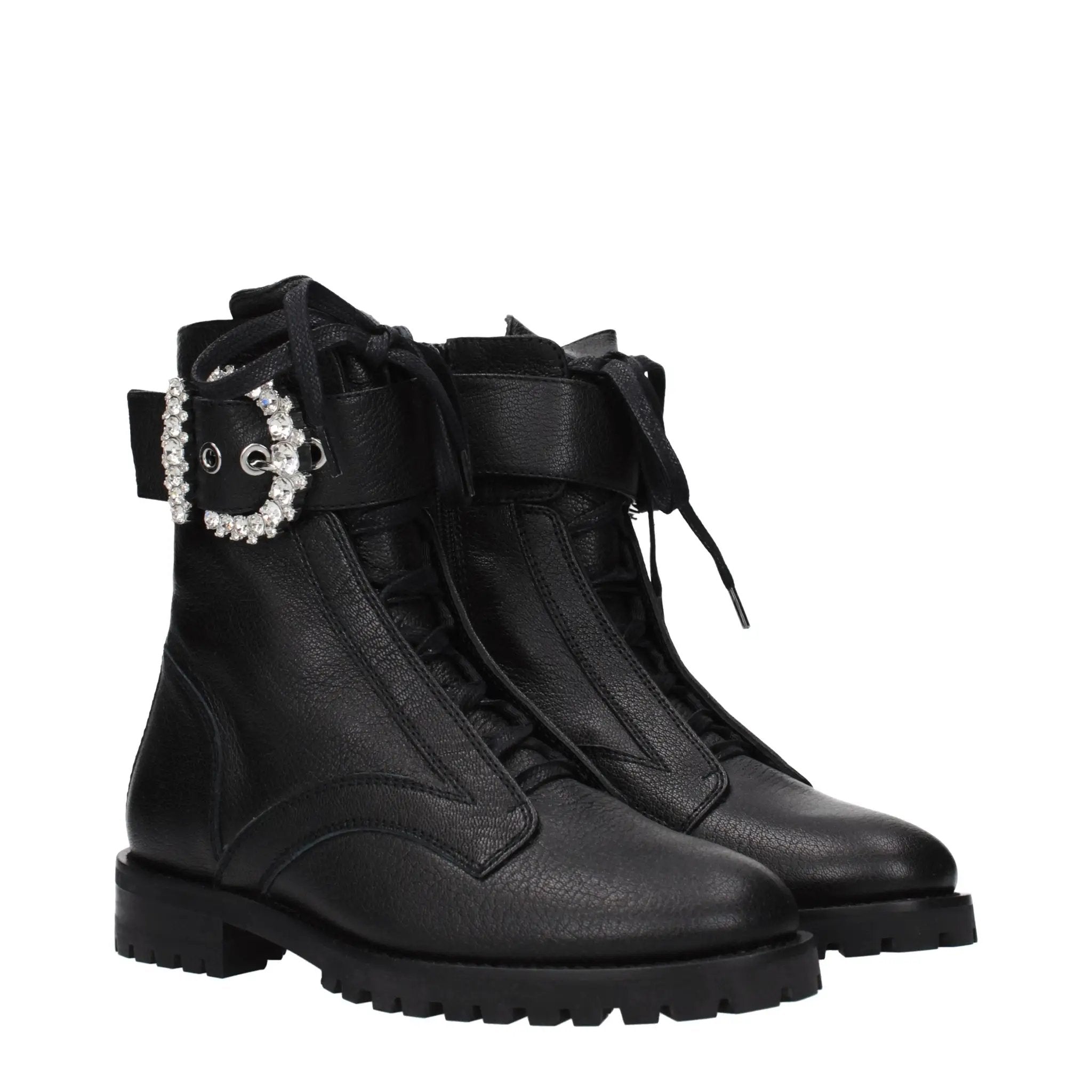 Women’s Black Leather Combat Boots – Jimmy Choo Cheri Flat Designer Ankle Boots