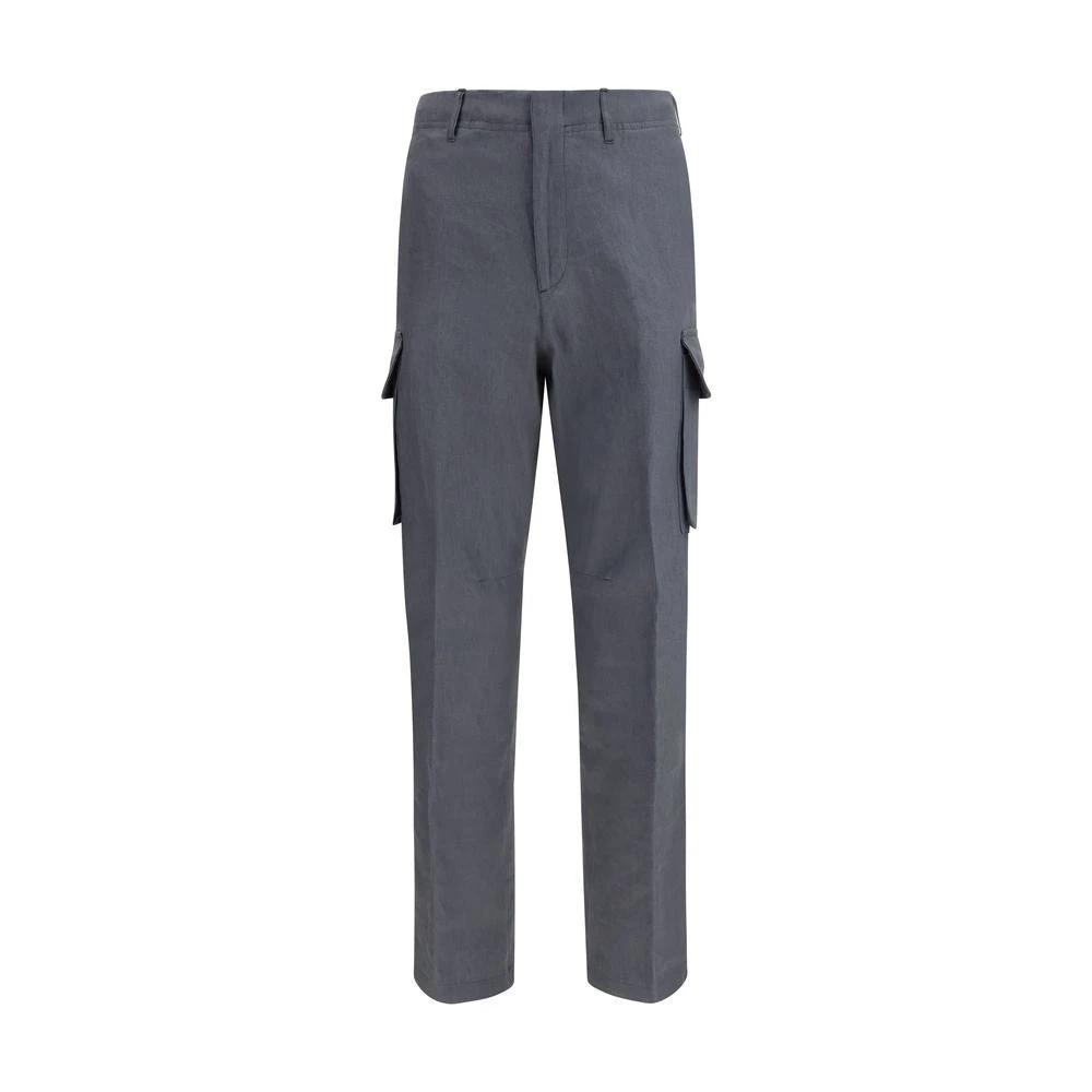 Men’s Linen Cargo Pants – Lardini Gray Elastic Waist Summer Trousers