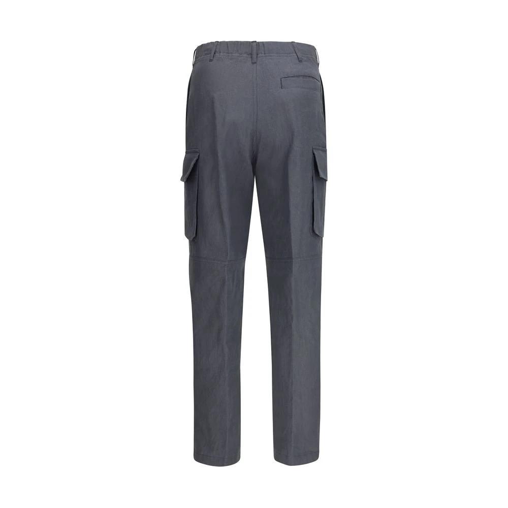 Men’s Linen Cargo Pants – Lardini Gray Elastic Waist Summer Trousers