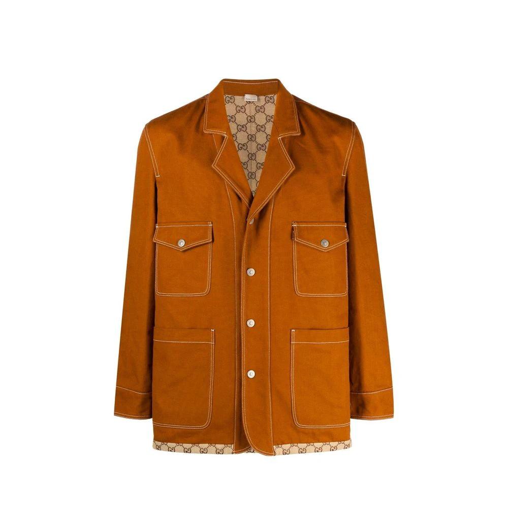 Men’s Brown Cotton Coat – Gucci Logo Print Designer Utility Coat