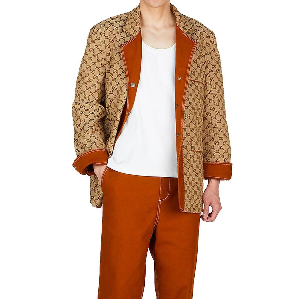 Men’s Brown Cotton Coat – Gucci Logo Print Designer Utility Coat