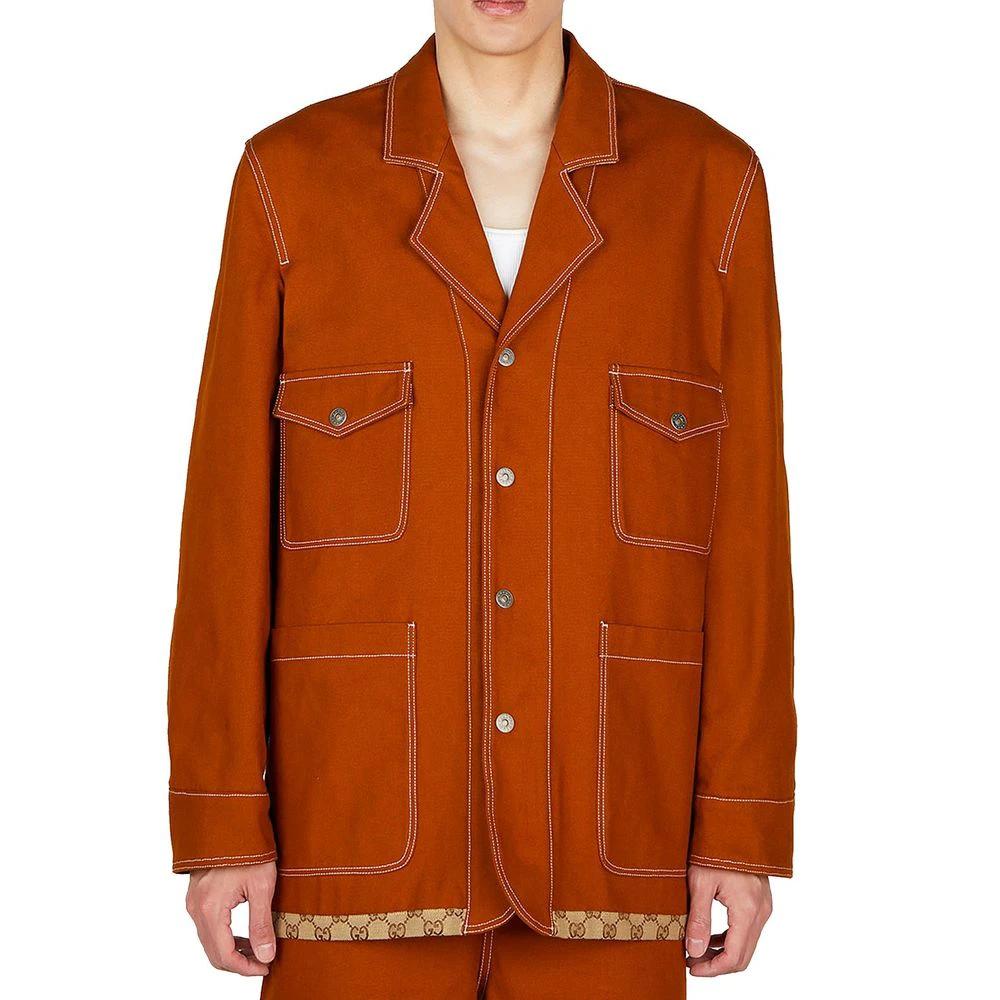 Men’s Brown Cotton Coat – Gucci Logo Print Designer Utility Coat