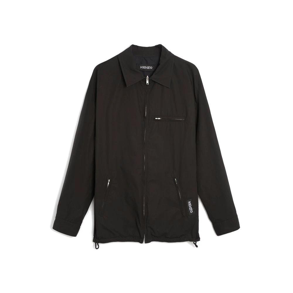 Men’s Black Cotton Jacket – Kenzo Logo Patch Zip-Up Shell Jacket