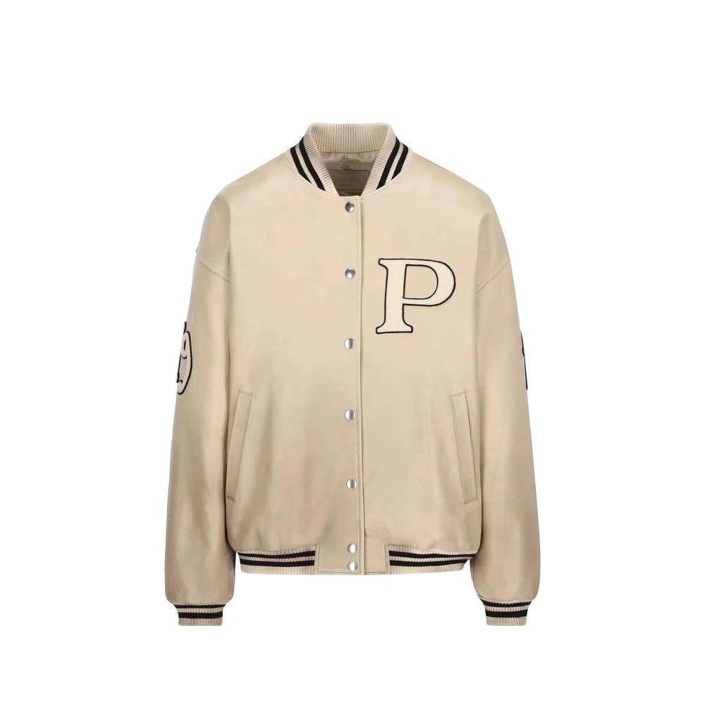 Women’s Beige Leather Bomber Jacket – Prada Calfskin Oversized Designer Jacket