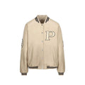 Women’s Beige Leather Bomber Jacket – Prada Calfskin Oversized Designer Jacket