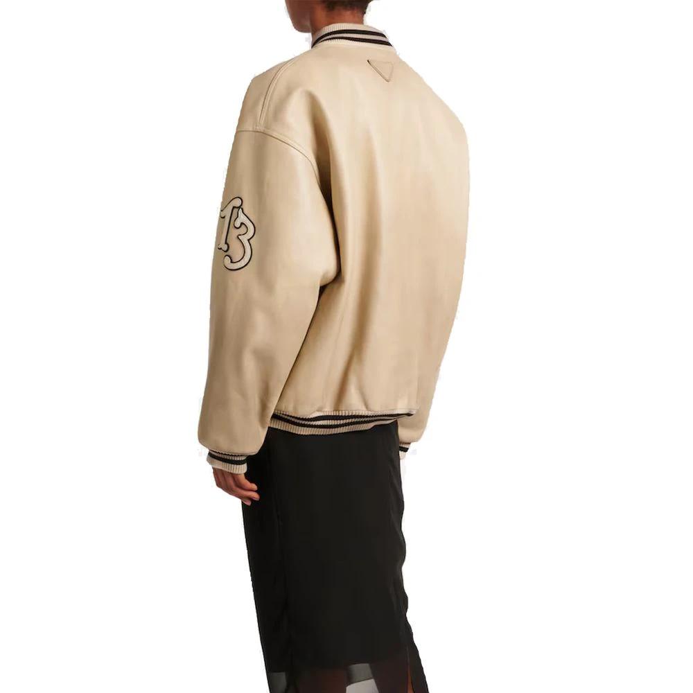 Women’s Beige Leather Bomber Jacket – Prada Calfskin Oversized Designer Jacket