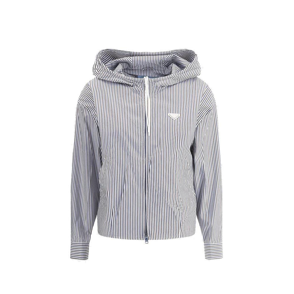 Women’s Blue Bomber Jacket – Prada Hooded Nylon Logo Plaque Zip Jacket